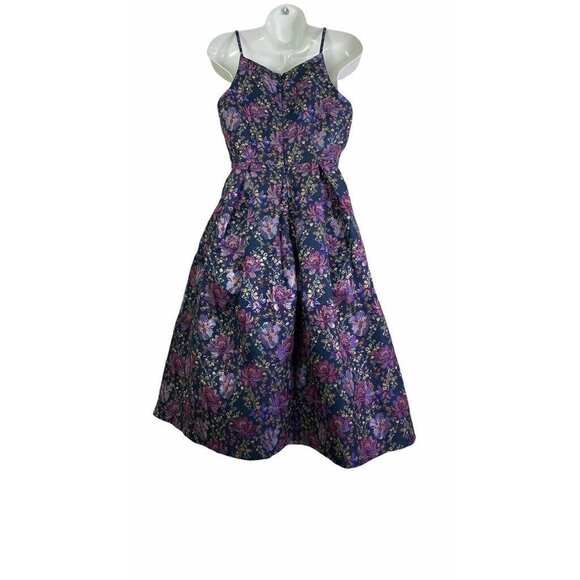 Lace & Mesh Girls Fit Flare Dress Blue Purple Floral Pleated Spaghetti Strap M - Picture 2 of 9